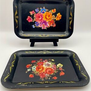 Mini Vintage, (2) Toleware Trinket Trays, Metal, Black/Floral, 4.5 x 6.5”